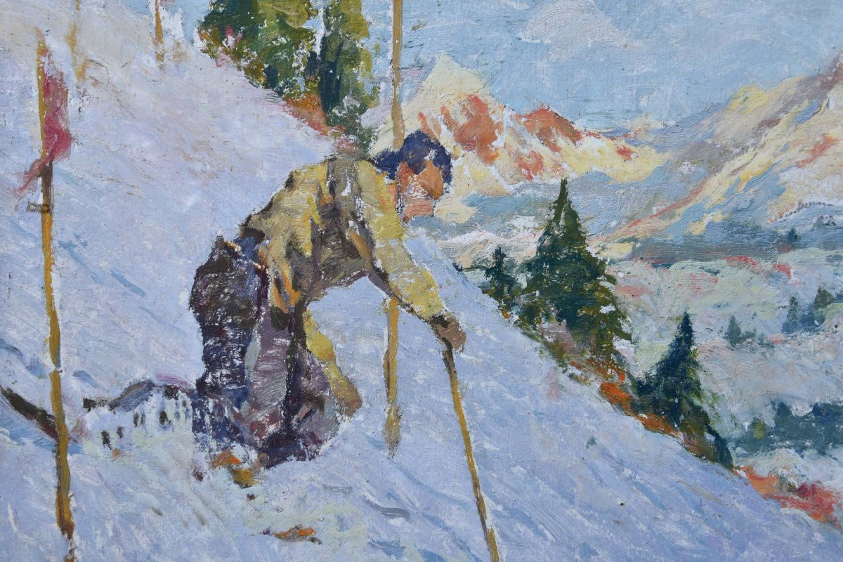 Raoul Guiraud "the Skier In The Mountains" Oil On Panel 33x41-photo-1
